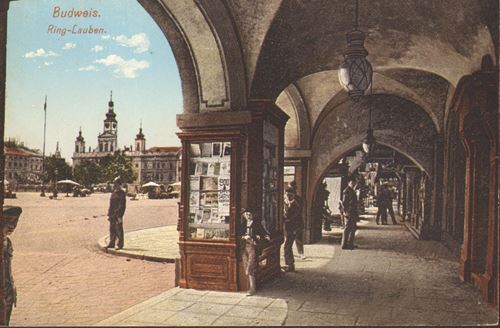 Historische Postkarte Budweis Ring-Lauben