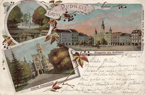 Historische Postkarte Budweis mit mehreren Motiven